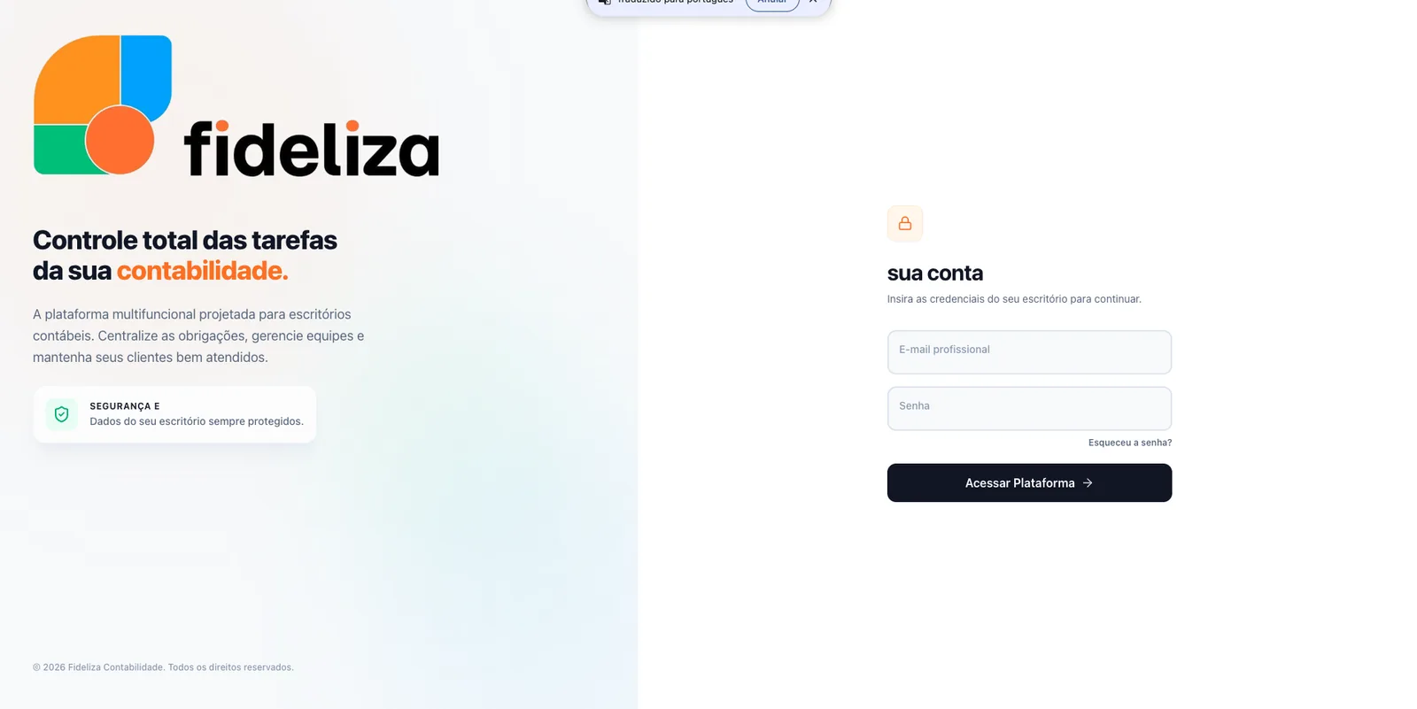 Tela de login do Fideliza
