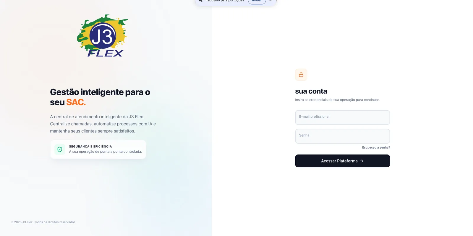 Tela de login da solução J3 Flex