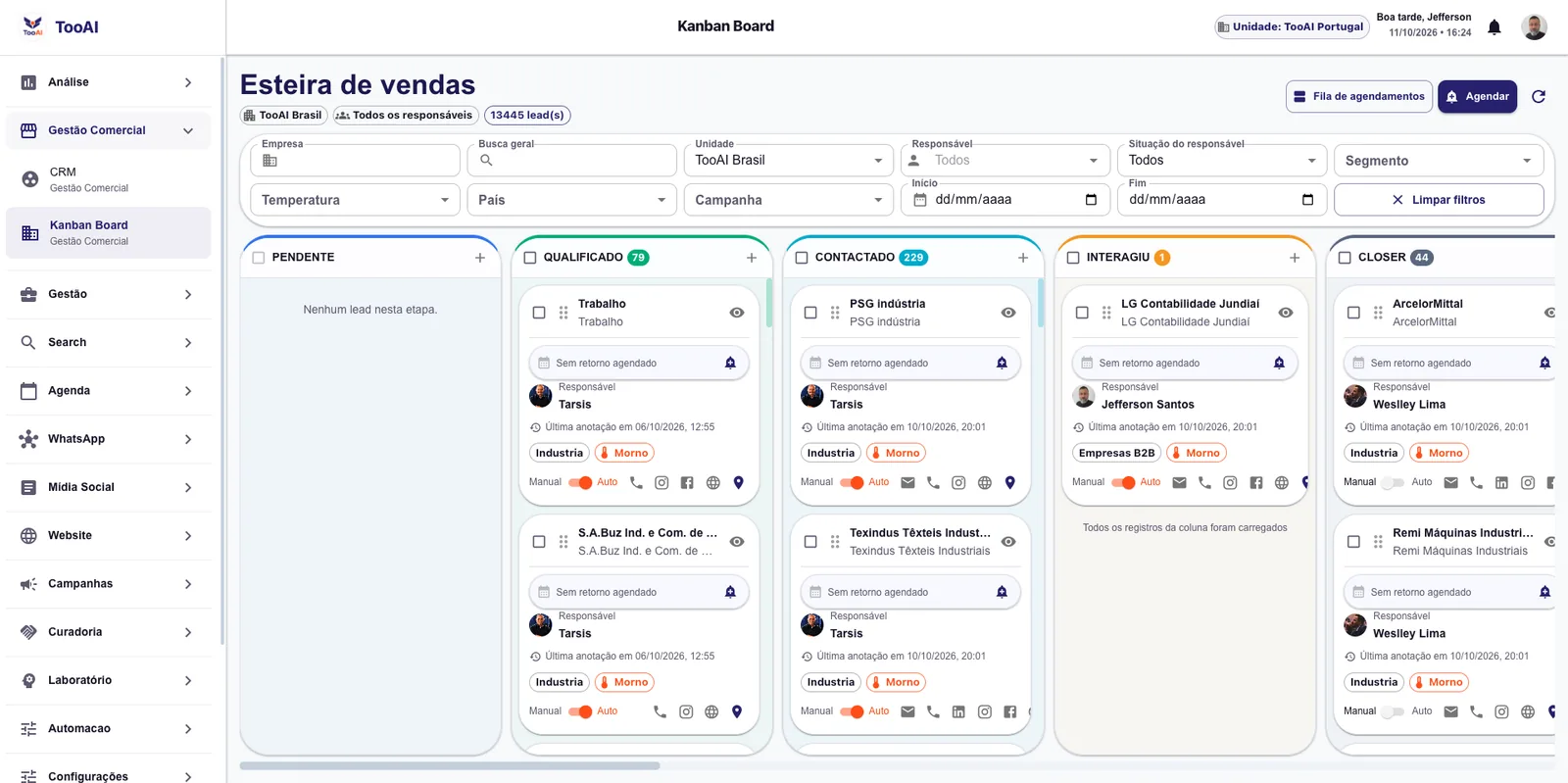 Kanban comercial da TooAI